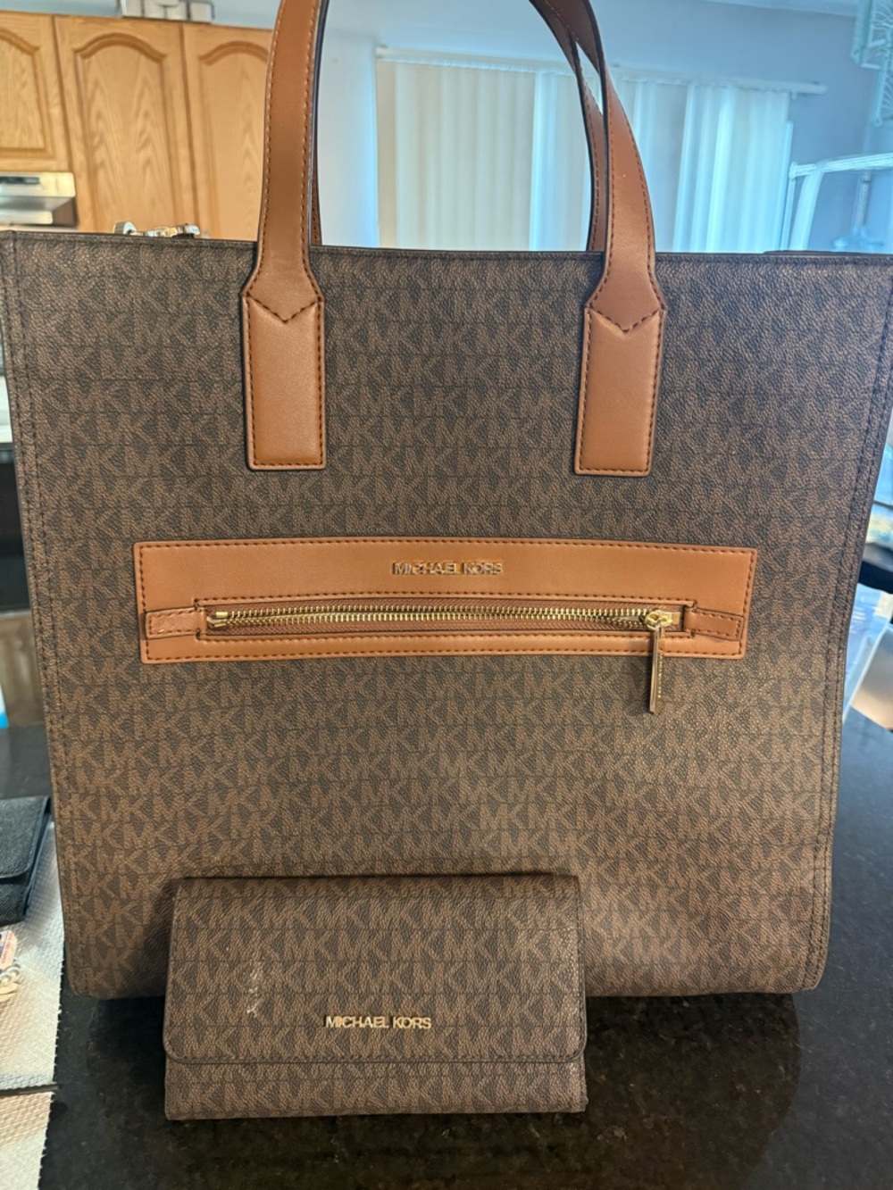 Michael Kors Brown Logo Tote with Tan Trim and Gold Hardware